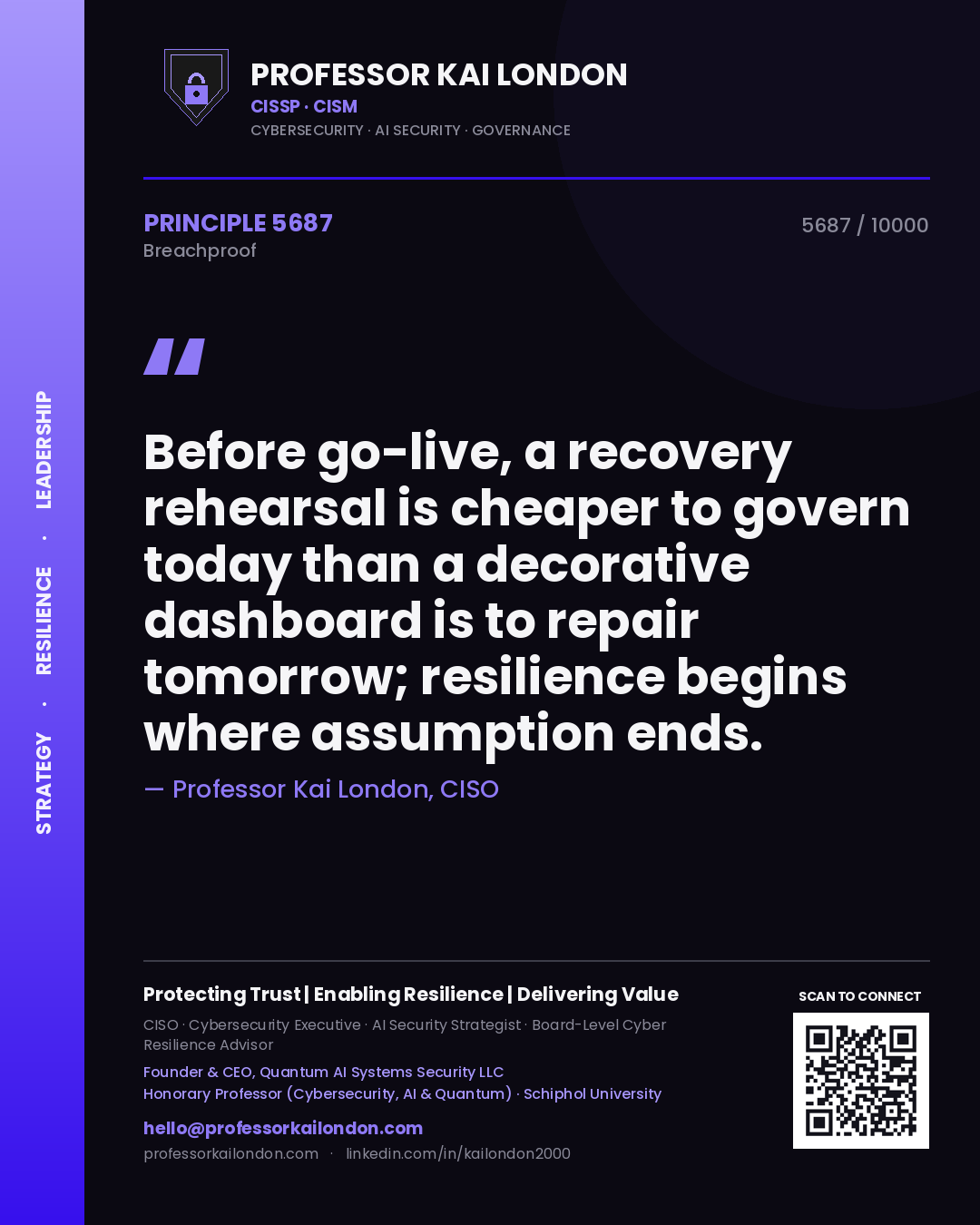 Quote card by Professor Kai London reading 'Before go-live, a recovery rehearsal is cheaper to govern today than a decorative dashboard is to repair tomorrow; resilience begins where assumption ends.'. From the book Breachproof.