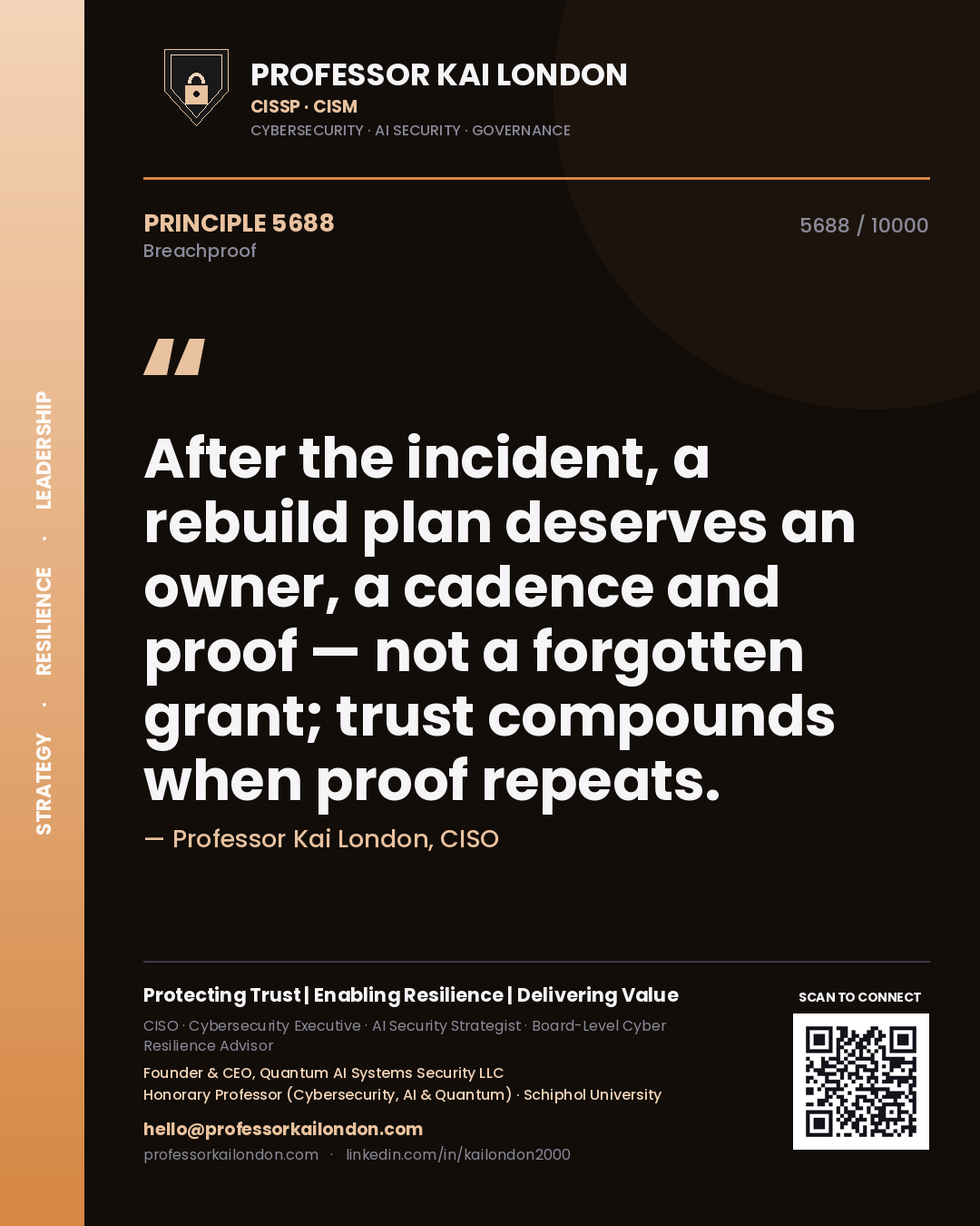 Quote card by Professor Kai London reading 'After the incident, a rebuild plan deserves an owner, a cadence and proof — not a forgotten grant; trust compounds when proof repeats.'. From the book Breachproof.