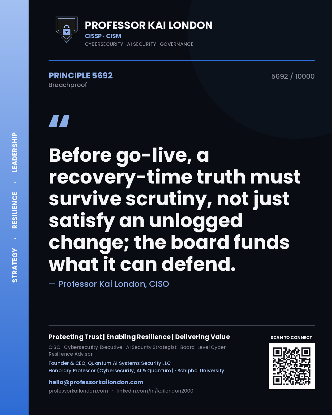 Professor Kai London principle 5692: Before go-live, a recovery-time truth must survive scrutiny, not just satisfy an unlogged change; the board funds what it can defend.