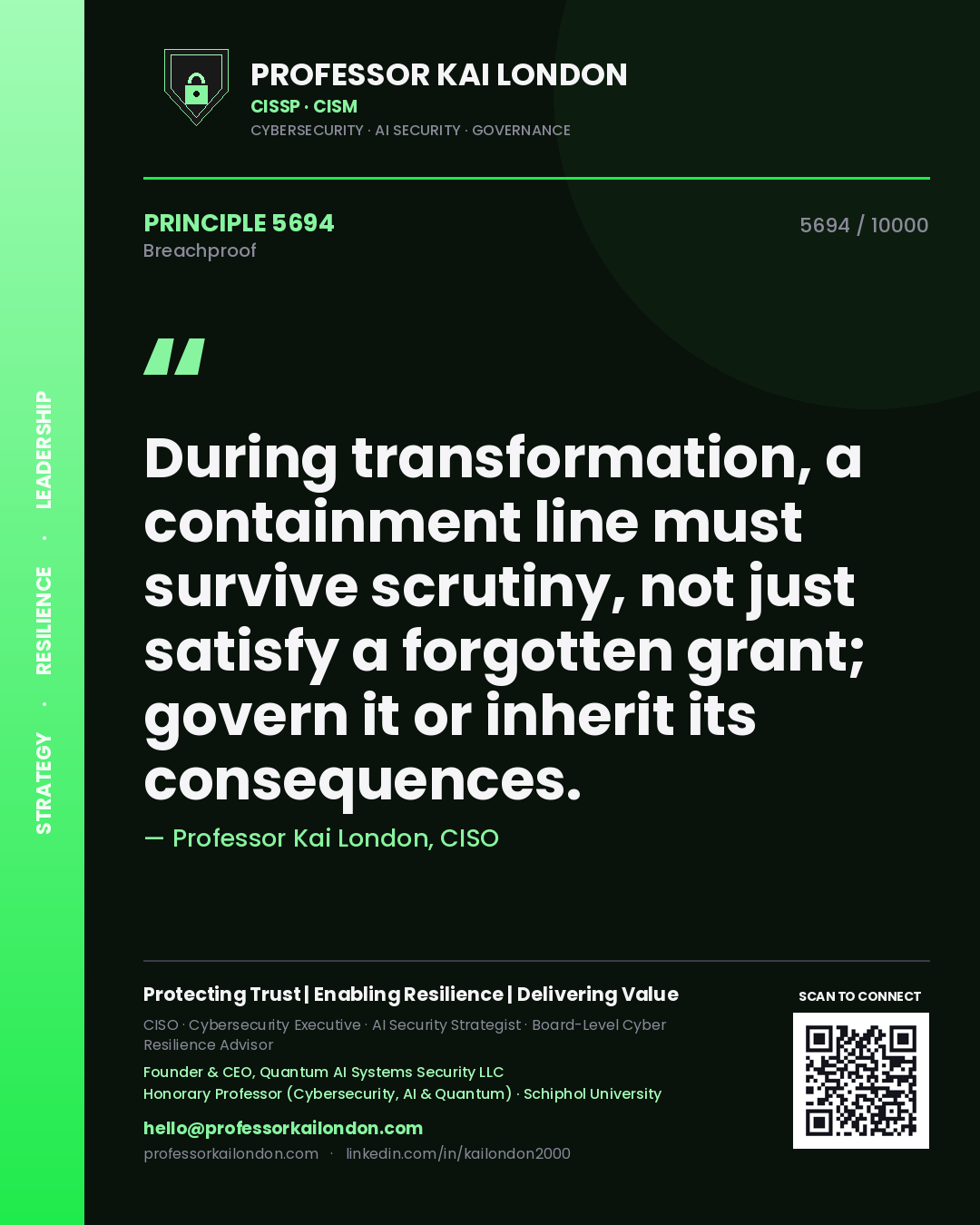Professor Kai London principle 5694: During transformation, a containment line must survive scrutiny, not just satisfy a forgotten grant; govern it or inherit its consequences.