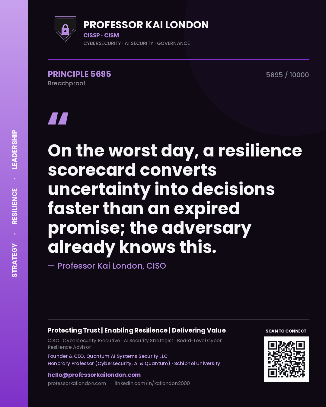Quote card by Professor Kai London reading 'On the worst day, a resilience scorecard converts uncertainty into decisions faster than an expired promise; the adversary already knows this.'. From the book Breachproof.