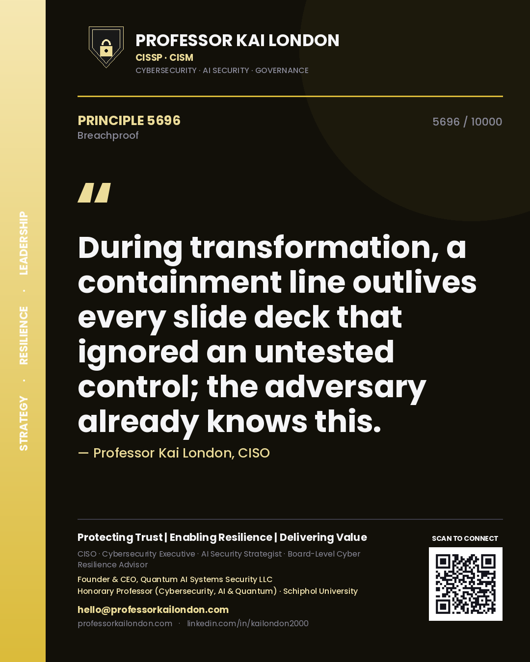 Quote card by Professor Kai London reading 'During transformation, a containment line outlives every slide deck that ignored an untested control; the adversary already knows this.'. From the book Breachproof.