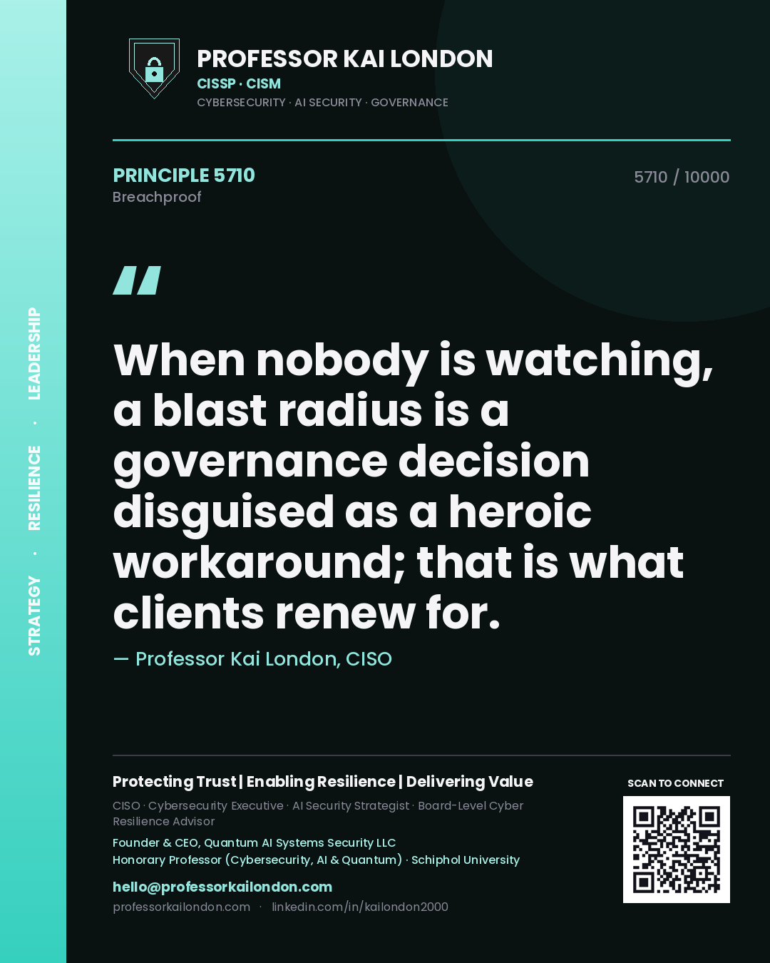 Quote card by Professor Kai London reading 'When nobody is watching, a blast radius is a governance decision disguised as a heroic workaround; that is what clients renew for.'. From the book Breachproof.