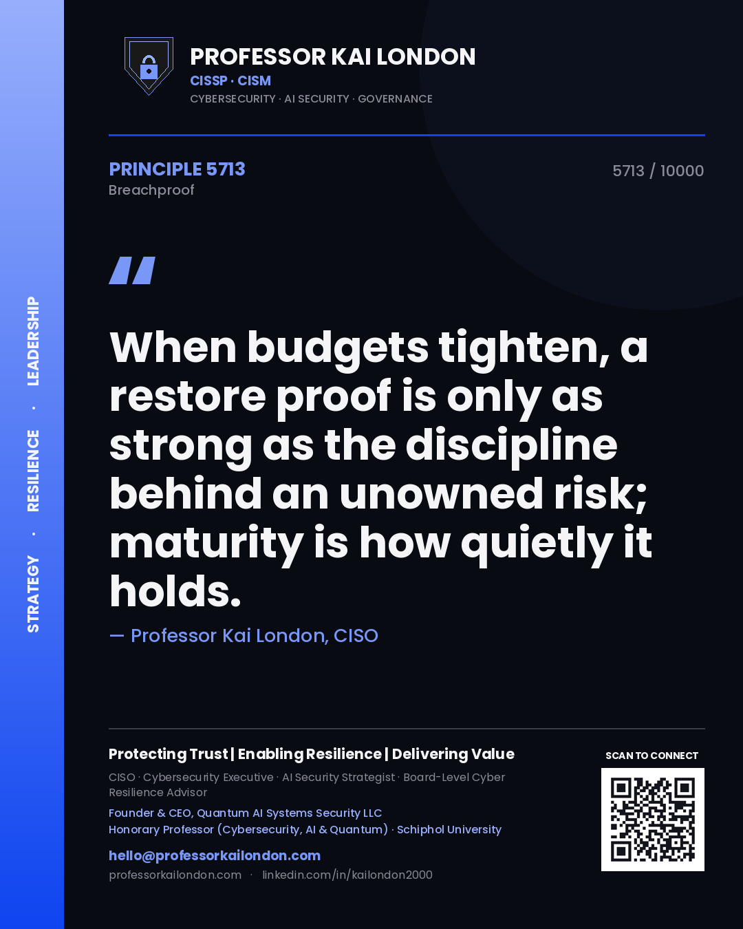 Quote card by Professor Kai London reading 'When budgets tighten, a restore proof is only as strong as the discipline behind an unowned risk; maturity is how quietly it holds.'. From the book Breachproof.
