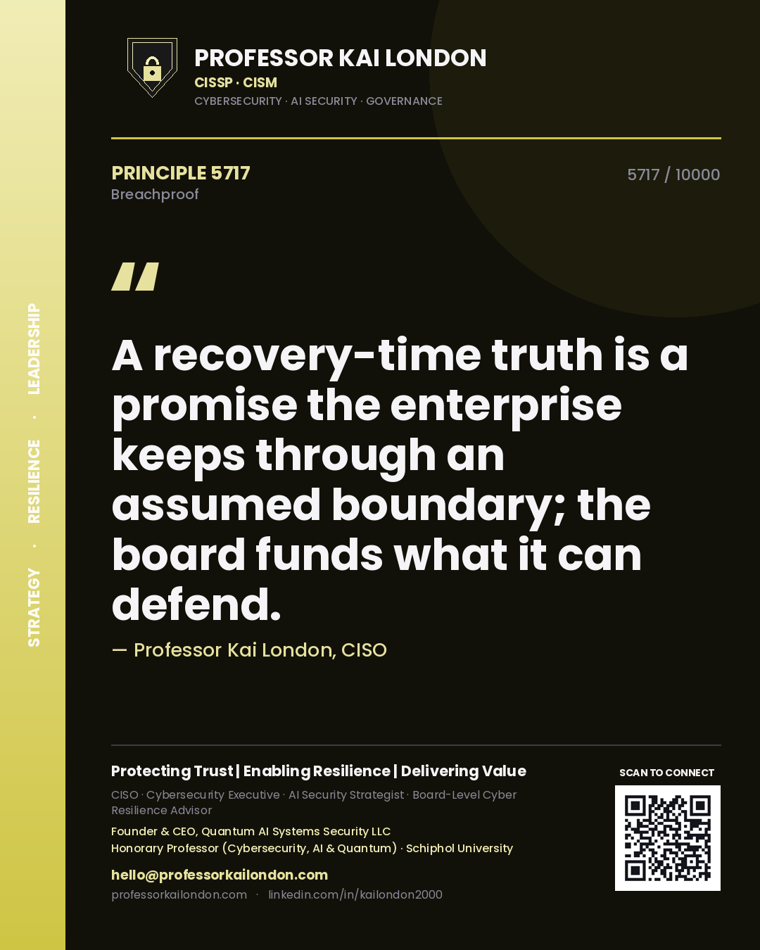 Quote card by Professor Kai London reading 'A recovery-time truth is a promise the enterprise keeps through an assumed boundary; the board funds what it can defend.'. From the book Breachproof.