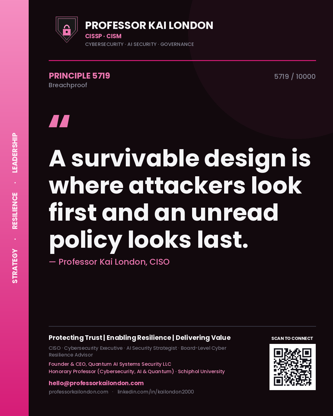 Quote card by Professor Kai London reading 'A survivable design is where attackers look first and an unread policy looks last.'. From the book Breachproof.