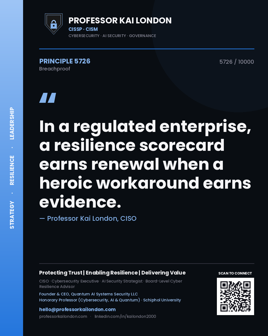 Quote card by Professor Kai London reading 'In a regulated enterprise, a resilience scorecard earns renewal when a heroic workaround earns evidence.'. From the book Breachproof.