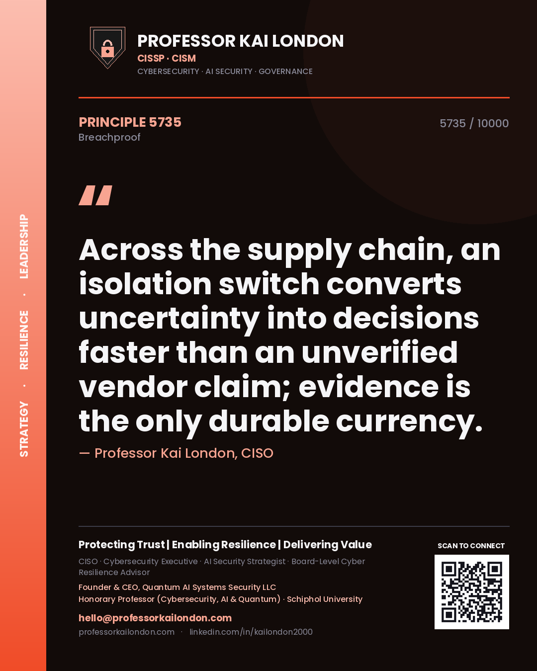 Quote card by Professor Kai London reading 'Across the supply chain, an isolation switch converts uncertainty into decisions faster than an unverified vendor claim; evidence is the only durable currency.'. From the book Breachproof.
