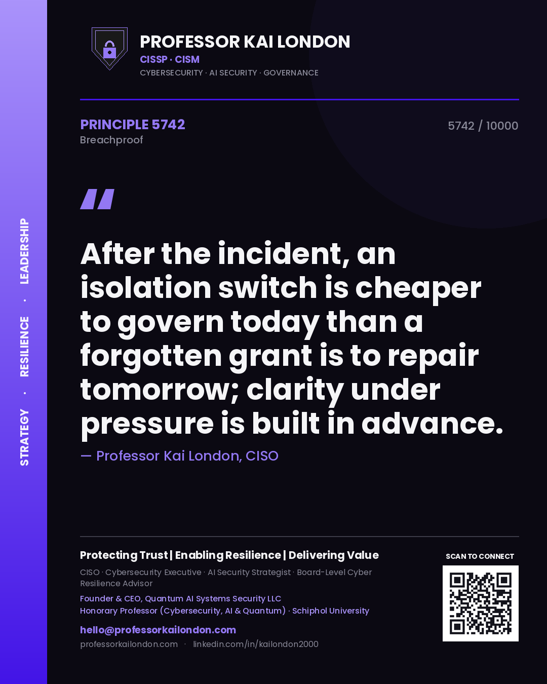 Quote card by Professor Kai London reading 'After the incident, an isolation switch is cheaper to govern today than a forgotten grant is to repair tomorrow; clarity under pressure is built in advance.'. From the book Breachproof.