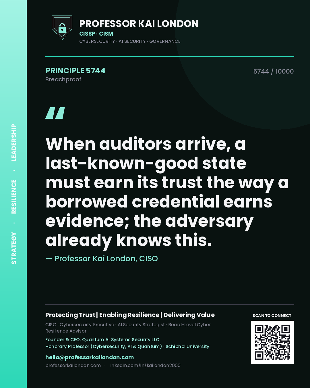 Quote card by Professor Kai London reading 'When auditors arrive, a last-known-good state must earn its trust the way a borrowed credential earns evidence; the adversary already knows this.'. From the book Breachproof.