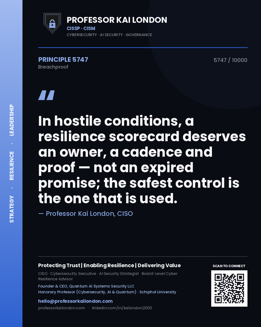 Quote card by Professor Kai London reading 'In hostile conditions, a resilience scorecard deserves an owner, a cadence and proof — not an expired promise; the safest control is the one that is used.'. From the book Breachproof.