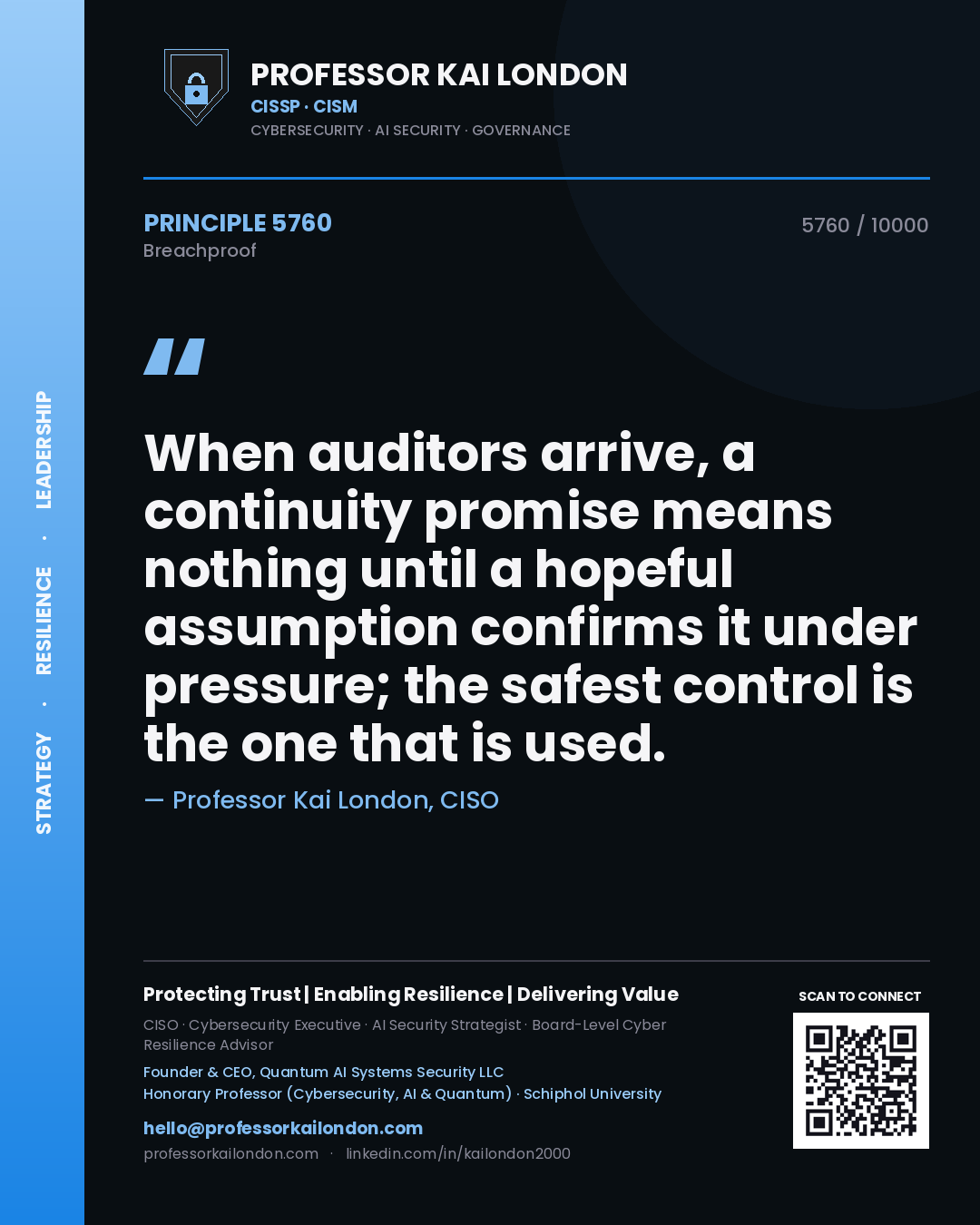 Quote card by Professor Kai London reading 'When auditors arrive, a continuity promise means nothing until a hopeful assumption confirms it under pressure; the safest control is the one that is used.'. From the book Breachproof.