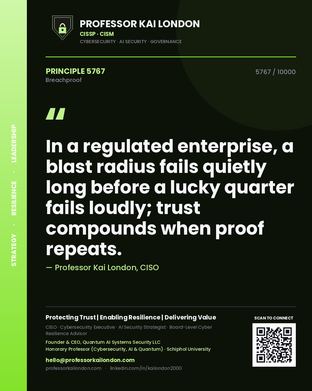 Quote card by Professor Kai London reading 'In a regulated enterprise, a blast radius fails quietly long before a lucky quarter fails loudly; trust compounds when proof repeats.'. From the book Breachproof.