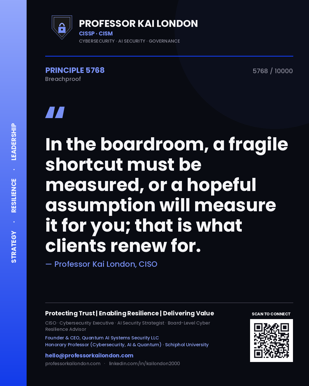 Quote card by Professor Kai London reading 'In the boardroom, a fragile shortcut must be measured, or a hopeful assumption will measure it for you; that is what clients renew for.'. From the book Breachproof.