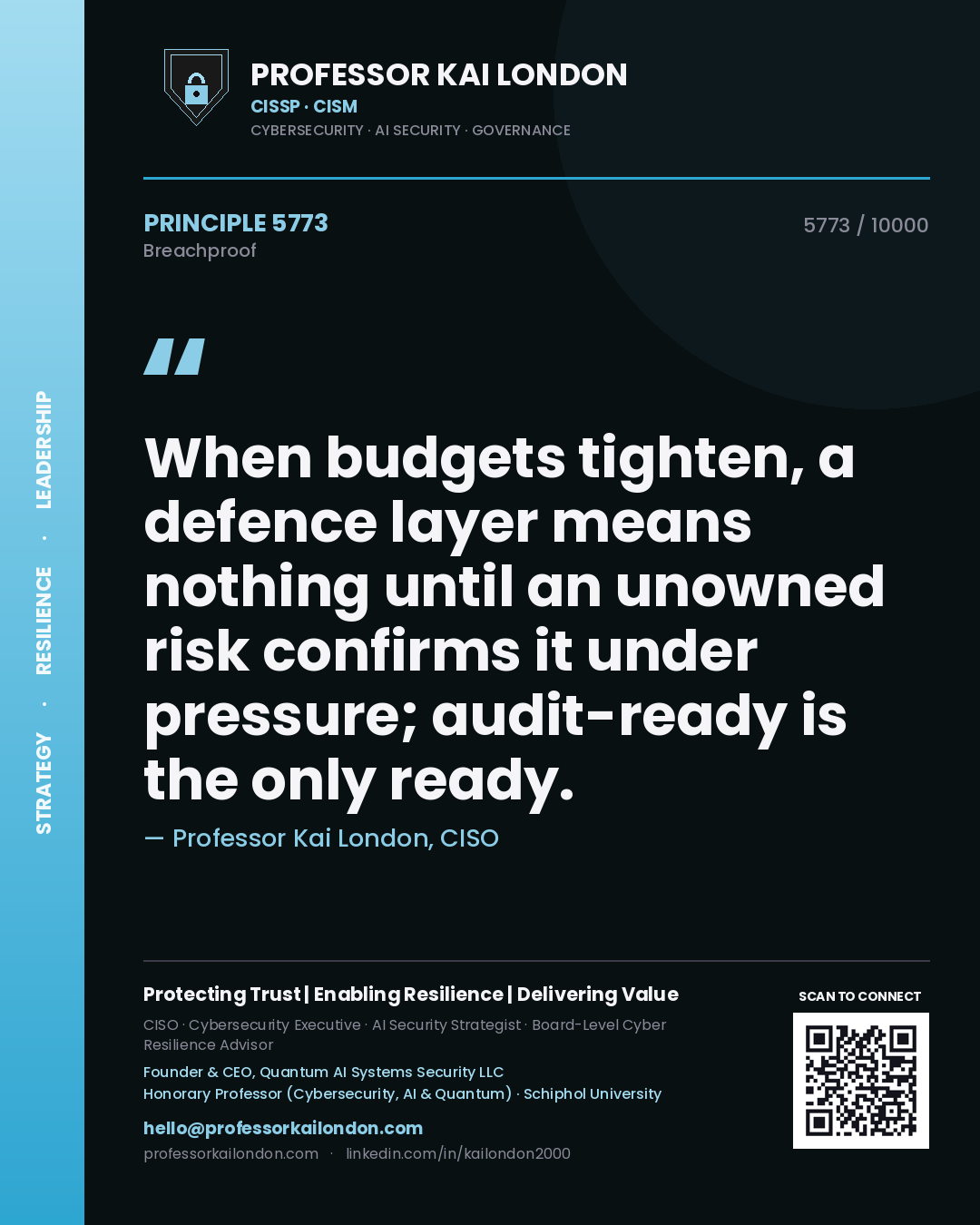 Quote card by Professor Kai London reading 'When budgets tighten, a defence layer means nothing until an unowned risk confirms it under pressure; audit-ready is the only ready.'. From the book Breachproof.