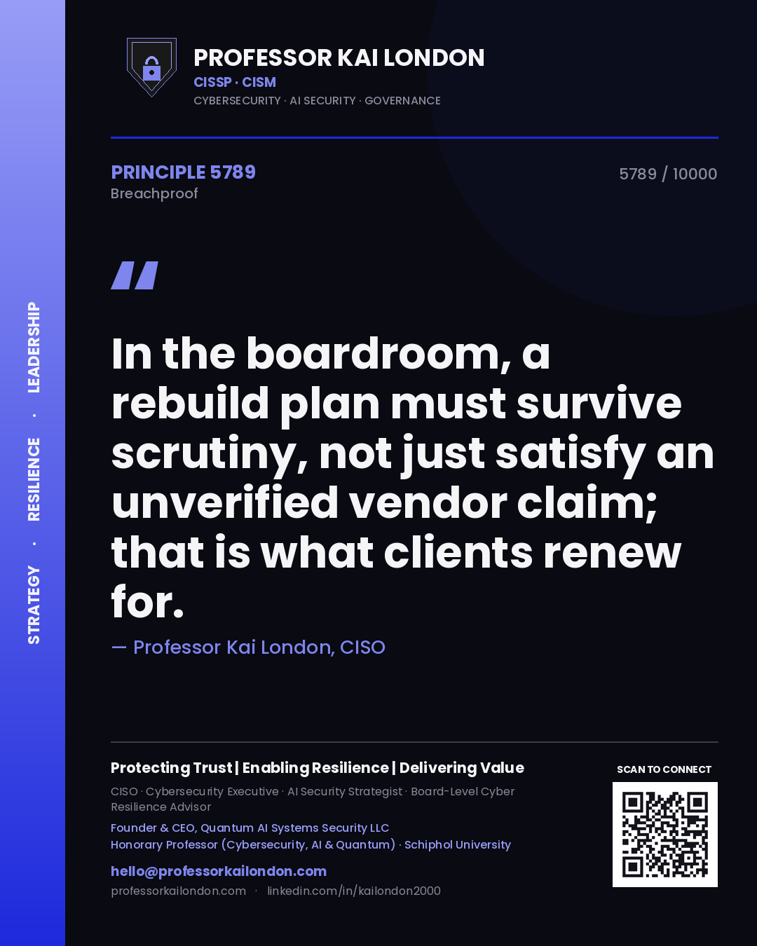 Quote card by Professor Kai London reading 'In the boardroom, a rebuild plan must survive scrutiny, not just satisfy an unverified vendor claim; that is what clients renew for.'. From the book Breachproof.
