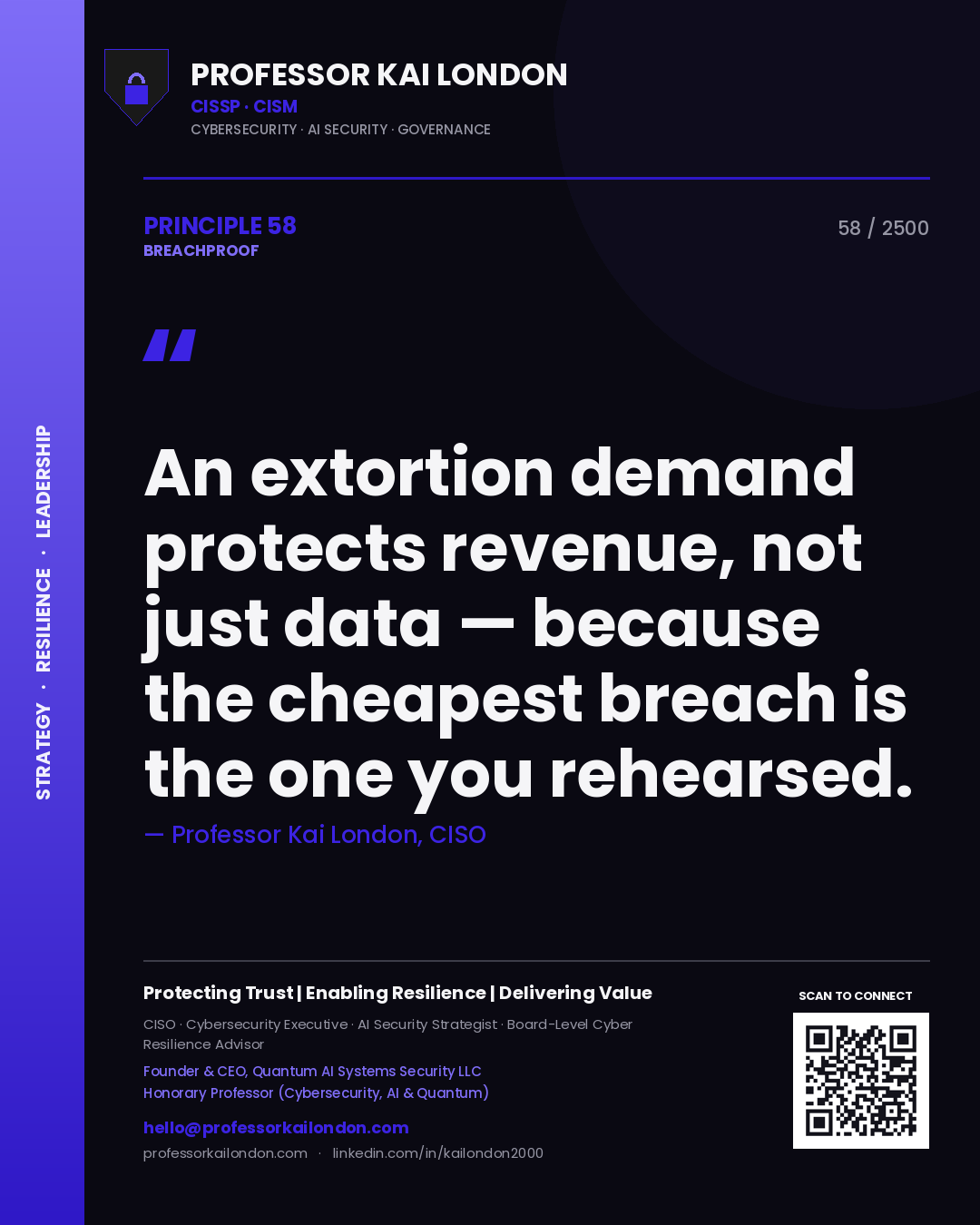 Professor Kai London principle 58: An extortion demand protects revenue, not just data — because the cheapest breach is the one you rehearsed.
