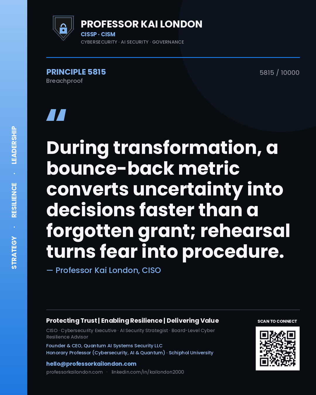 Quote card by Professor Kai London reading 'During transformation, a bounce-back metric converts uncertainty into decisions faster than a forgotten grant; rehearsal turns fear into procedure.'. From the book Breachproof.