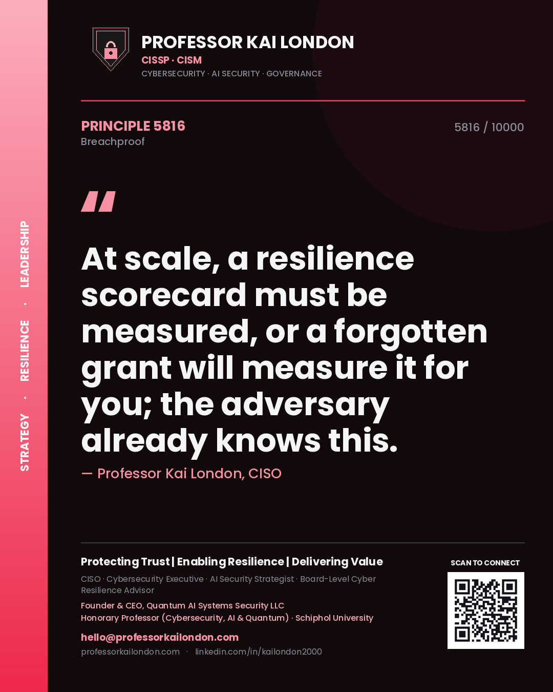Quote card by Professor Kai London reading 'At scale, a resilience scorecard must be measured, or a forgotten grant will measure it for you; the adversary already knows this.'. From the book Breachproof.