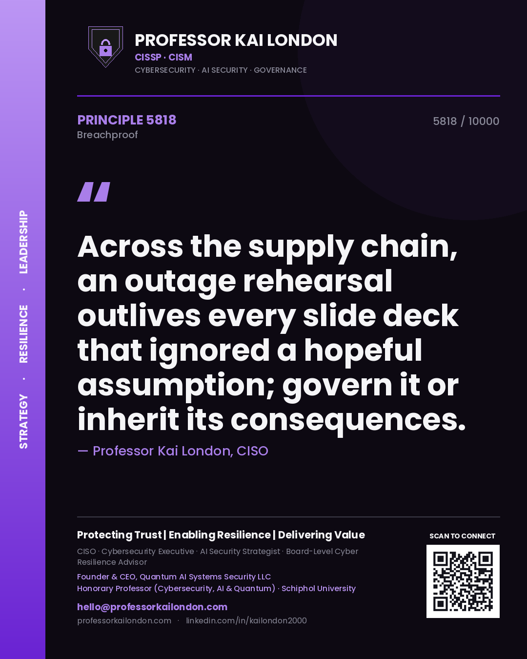 Quote card by Professor Kai London reading 'Across the supply chain, an outage rehearsal outlives every slide deck that ignored a hopeful assumption; govern it or inherit its consequences.'. From the book Breachproof.