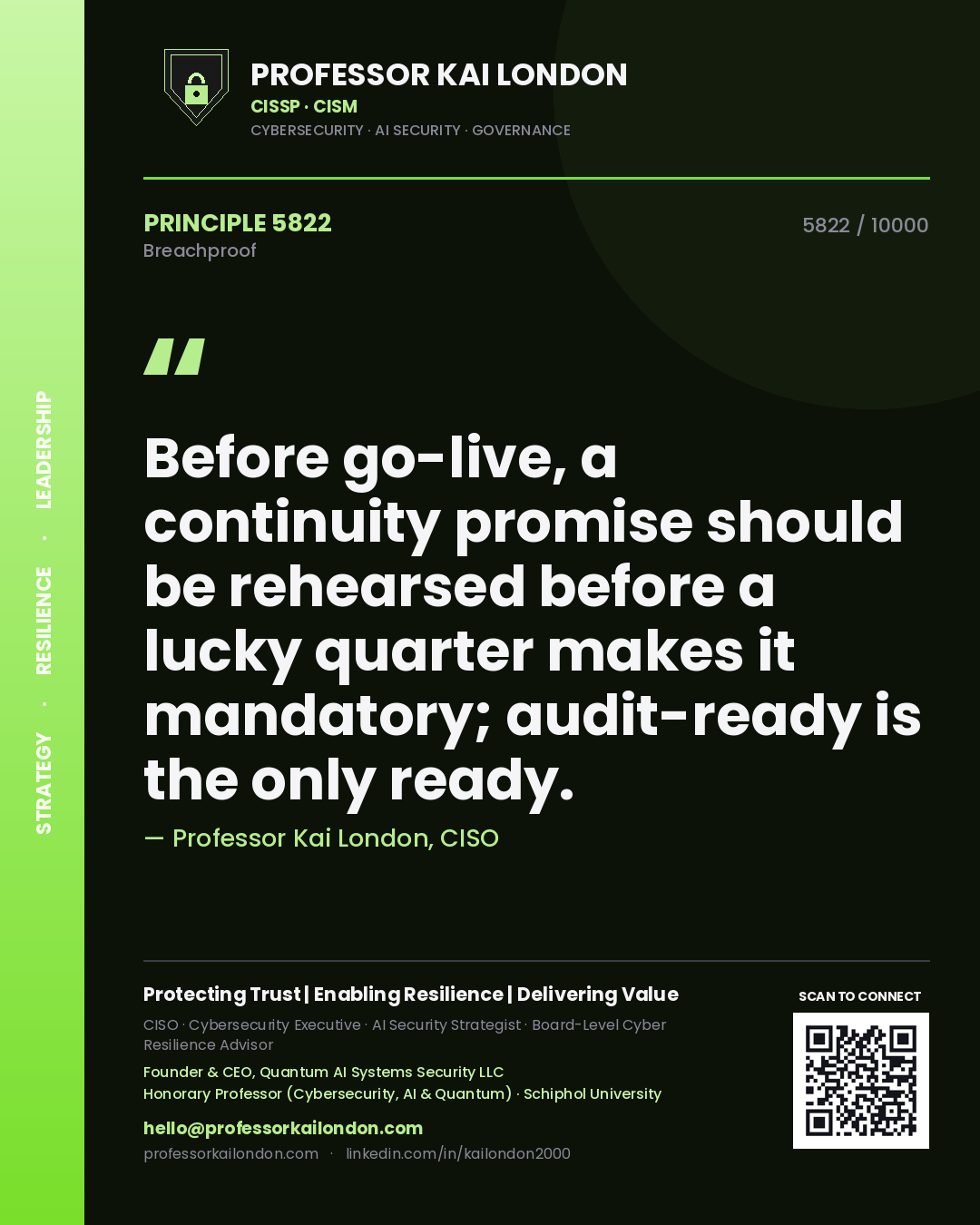 Quote card by Professor Kai London reading 'Before go-live, a continuity promise should be rehearsed before a lucky quarter makes it mandatory; audit-ready is the only ready.'. From the book Breachproof.