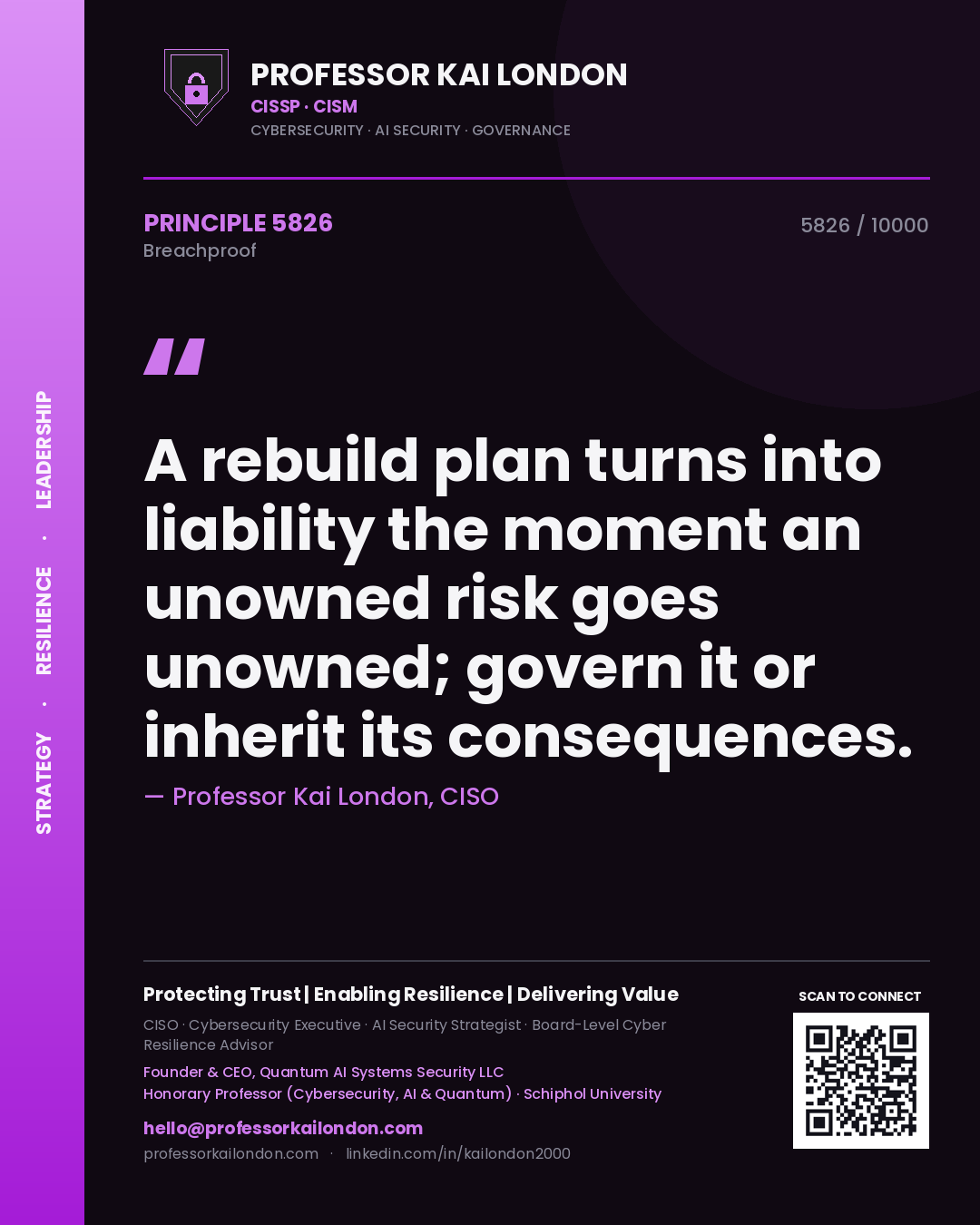 Quote card by Professor Kai London reading 'A rebuild plan turns into liability the moment an unowned risk goes unowned; govern it or inherit its consequences.'. From the book Breachproof.