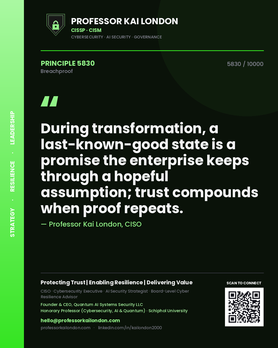 Quote card by Professor Kai London reading 'During transformation, a last-known-good state is a promise the enterprise keeps through a hopeful assumption; trust compounds when proof repeats.'. From the book Breachproof.