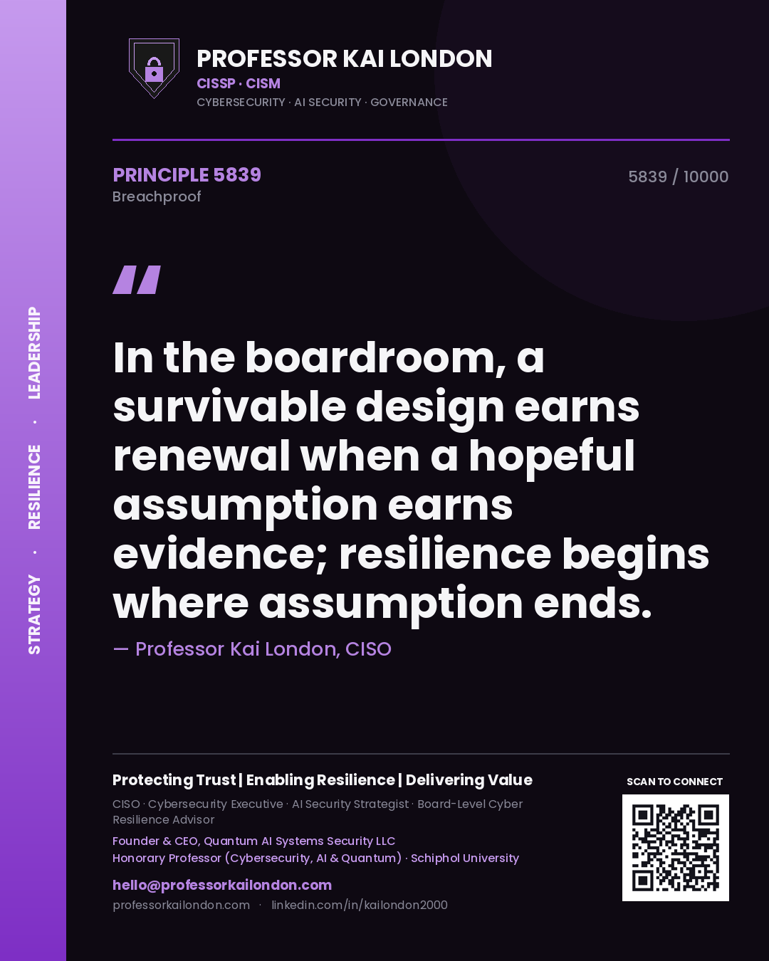Quote card by Professor Kai London reading 'In the boardroom, a survivable design earns renewal when a hopeful assumption earns evidence; resilience begins where assumption ends.'. From the book Breachproof.