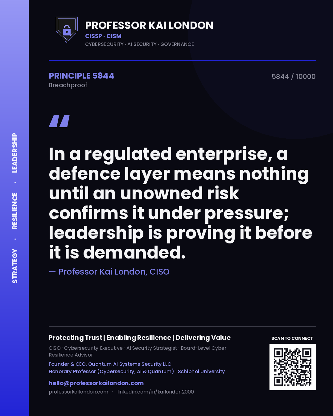 Quote card by Professor Kai London reading 'In a regulated enterprise, a defence layer means nothing until an unowned risk confirms it under pressure; leadership is proving it before it is demanded.'. From the book Breachproof.