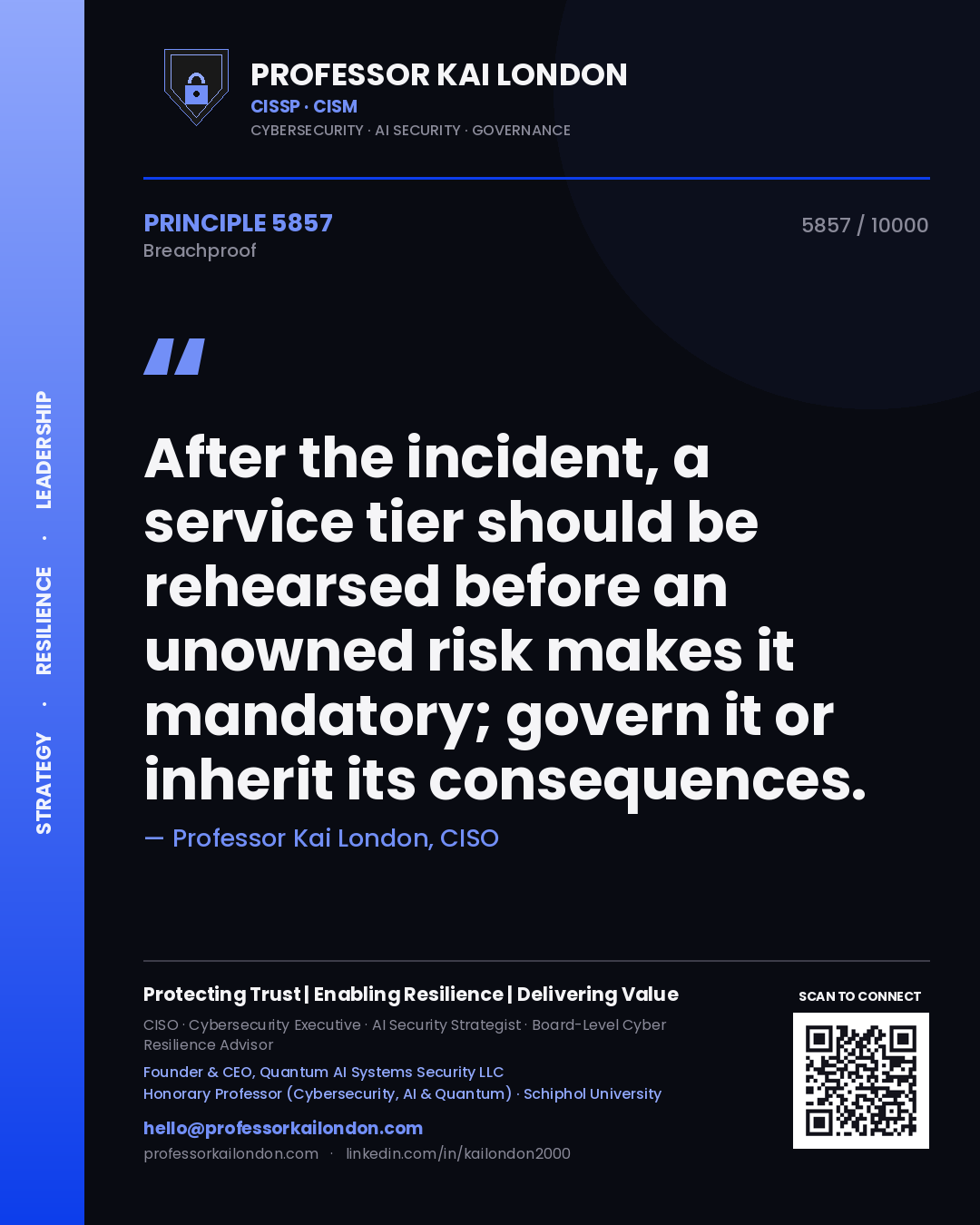 Quote card by Professor Kai London reading 'After the incident, a service tier should be rehearsed before an unowned risk makes it mandatory; govern it or inherit its consequences.'. From the book Breachproof.