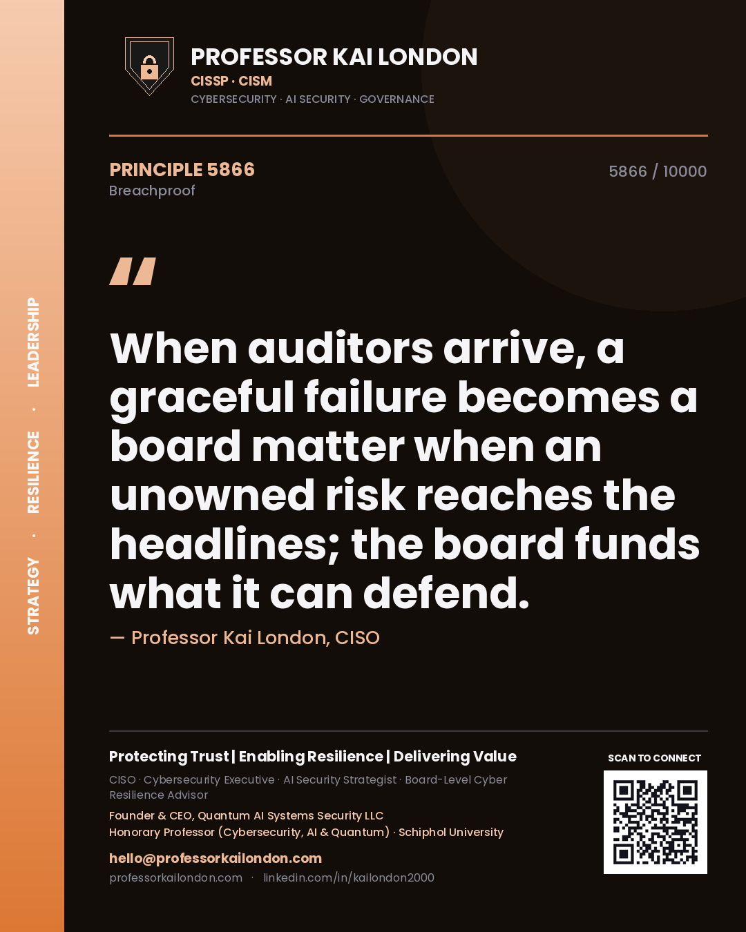 Quote card by Professor Kai London reading 'When auditors arrive, a graceful failure becomes a board matter when an unowned risk reaches the headlines; the board funds what it can defend.'. From the book Breachproof.
