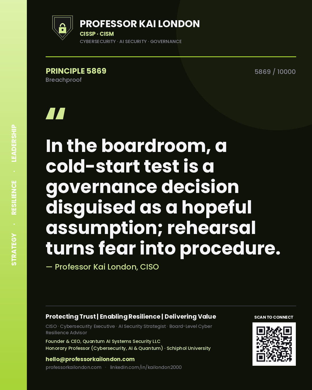 Quote card by Professor Kai London reading 'In the boardroom, a cold-start test is a governance decision disguised as a hopeful assumption; rehearsal turns fear into procedure.'. From the book Breachproof.