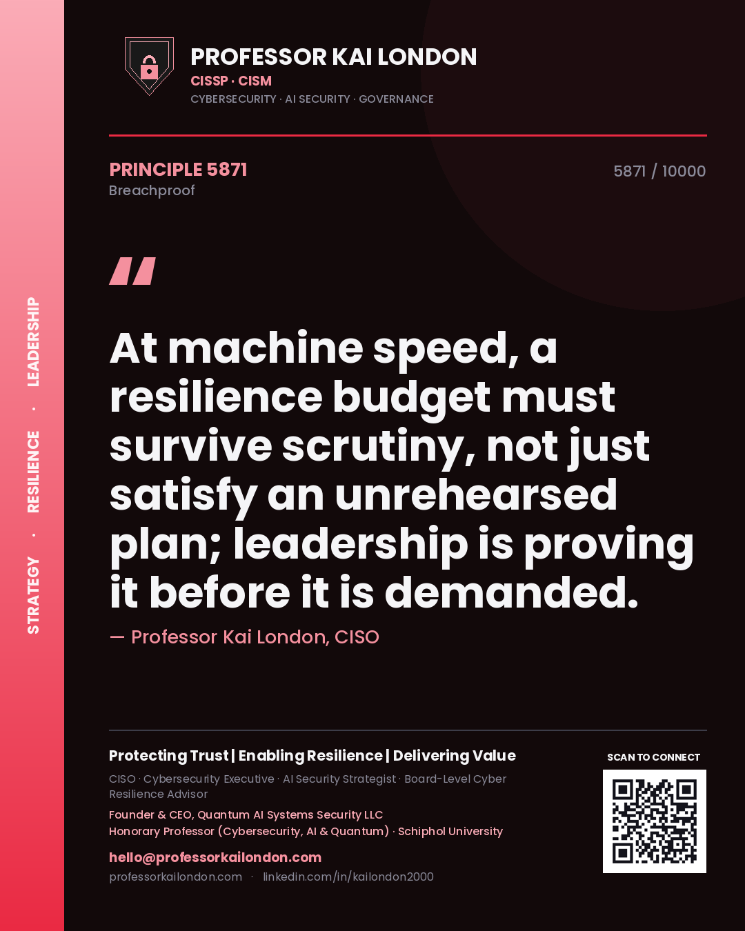 Quote card by Professor Kai London reading 'At machine speed, a resilience budget must survive scrutiny, not just satisfy an unrehearsed plan; leadership is proving it before it is demanded.'. From the book Breachproof.