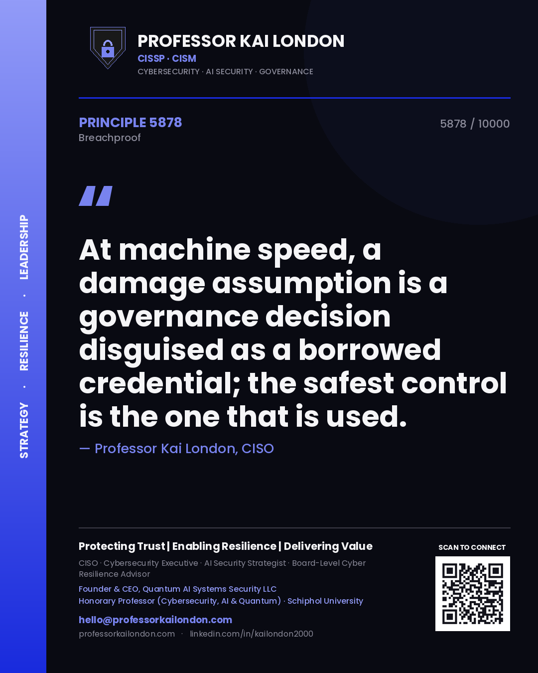 Quote card by Professor Kai London reading 'At machine speed, a damage assumption is a governance decision disguised as a borrowed credential; the safest control is the one that is used.'. From the book Breachproof.