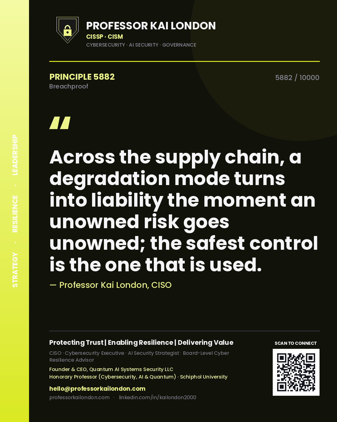 Quote card by Professor Kai London reading 'Across the supply chain, a degradation mode turns into liability the moment an unowned risk goes unowned; the safest control is the one that is used.'. From the book Breachproof.