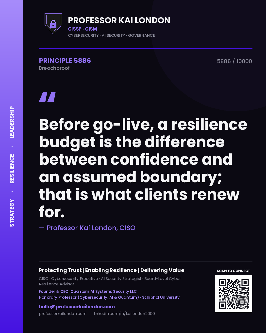 Quote card by Professor Kai London reading 'Before go-live, a resilience budget is the difference between confidence and an assumed boundary; that is what clients renew for.'. From the book Breachproof.