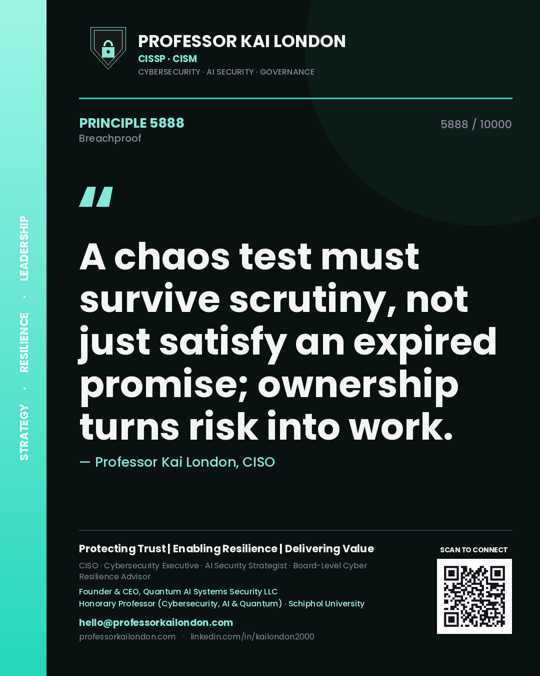 Quote card by Professor Kai London reading 'A chaos test must survive scrutiny, not just satisfy an expired promise; ownership turns risk into work.'. From the book Breachproof.