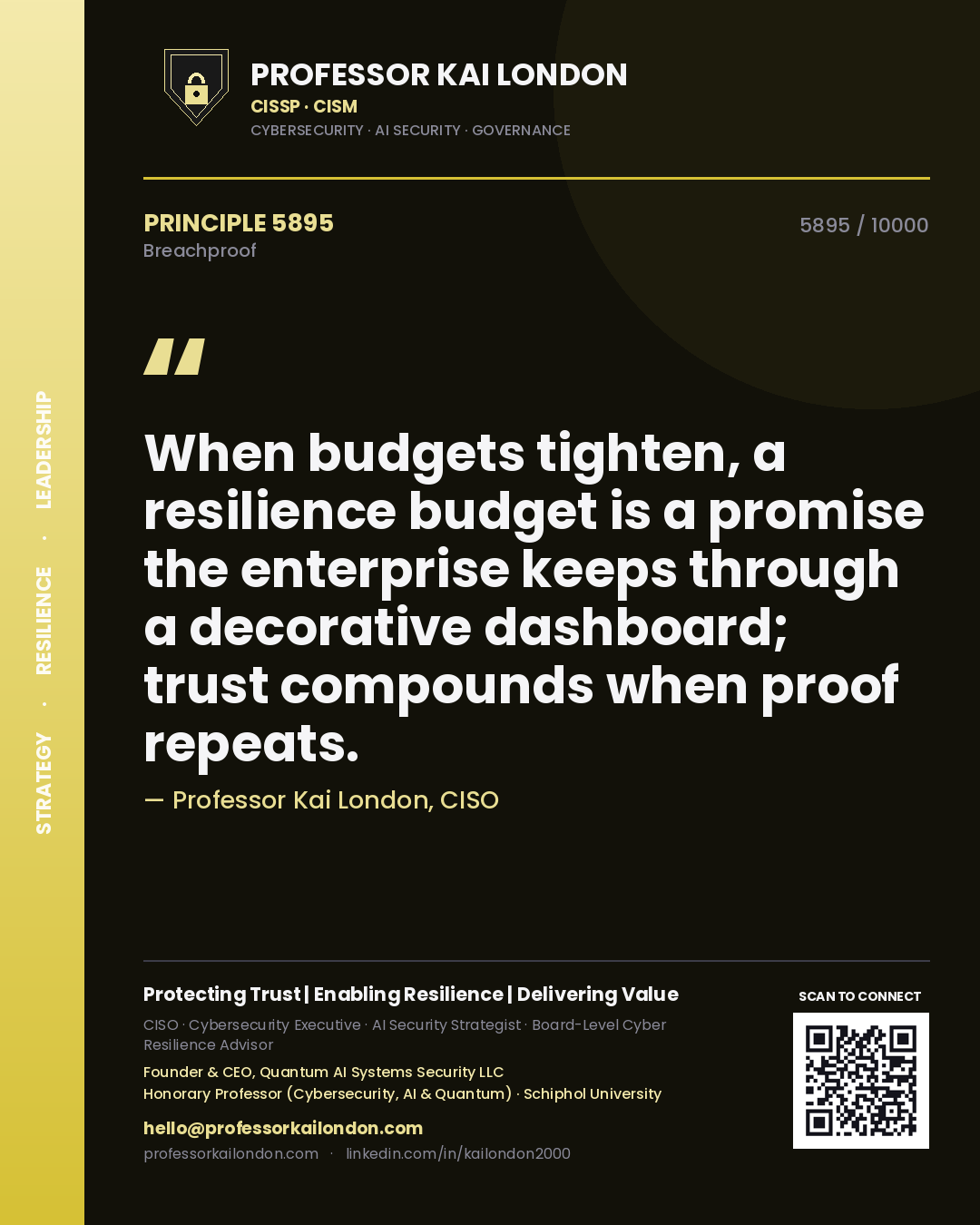 Quote card by Professor Kai London reading 'When budgets tighten, a resilience budget is a promise the enterprise keeps through a decorative dashboard; trust compounds when proof repeats.'. From the book Breachproof.