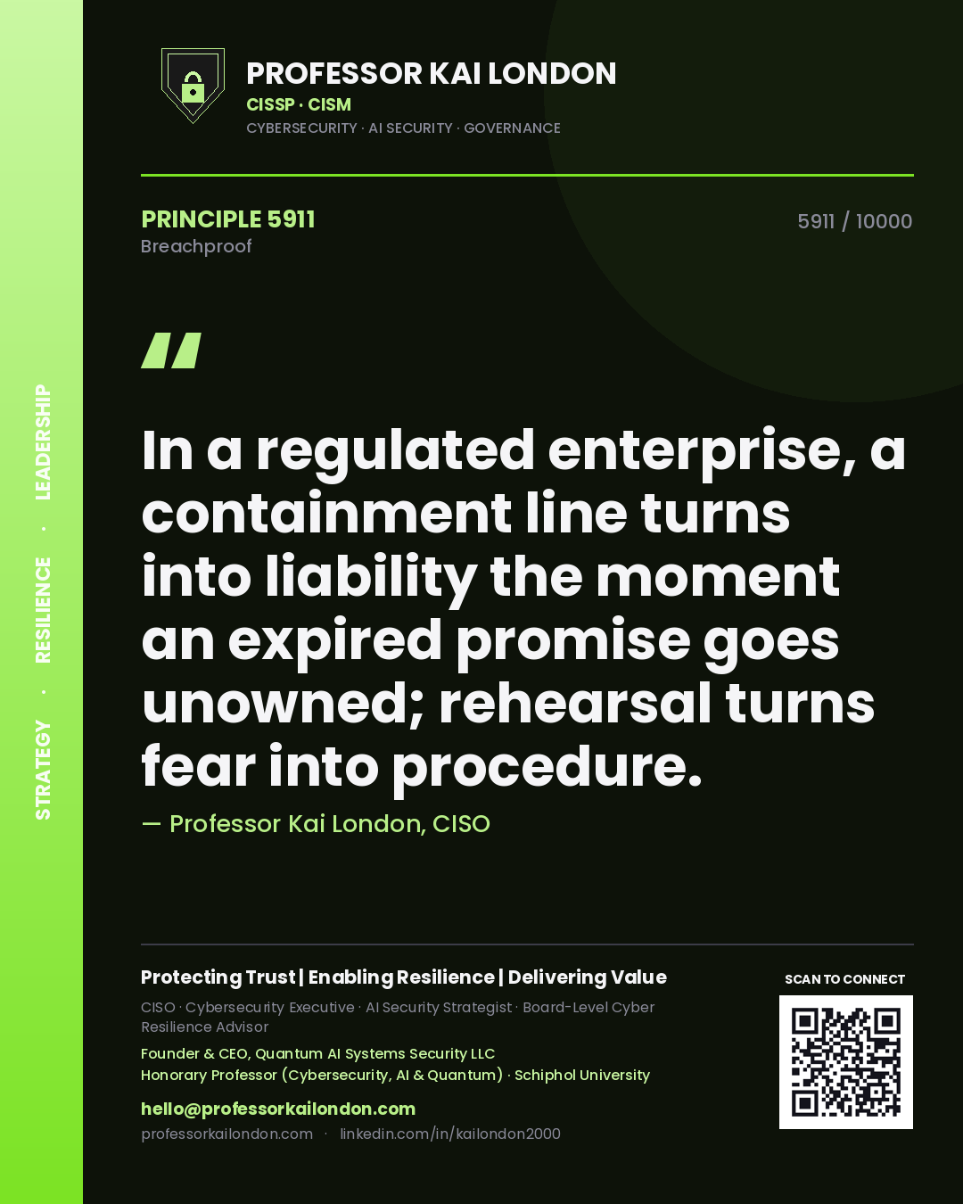 Quote card by Professor Kai London reading 'In a regulated enterprise, a containment line turns into liability the moment an expired promise goes unowned; rehearsal turns fear into procedure.'. From the book Breachproof.