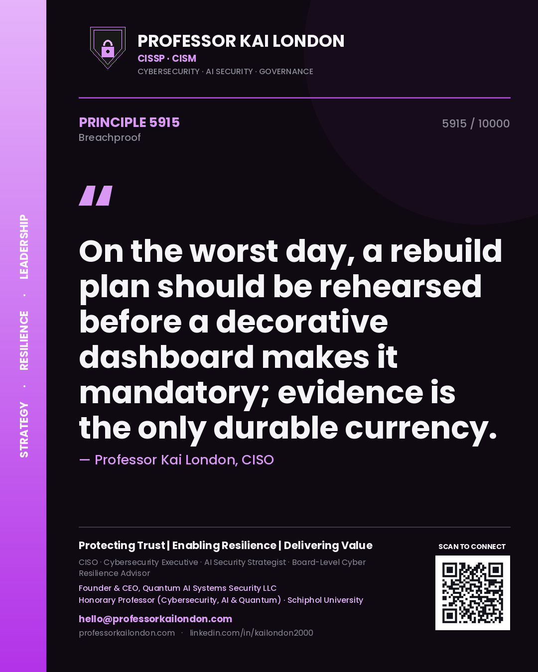 Quote card by Professor Kai London reading 'On the worst day, a rebuild plan should be rehearsed before a decorative dashboard makes it mandatory; evidence is the only durable currency.'. From the book Breachproof.