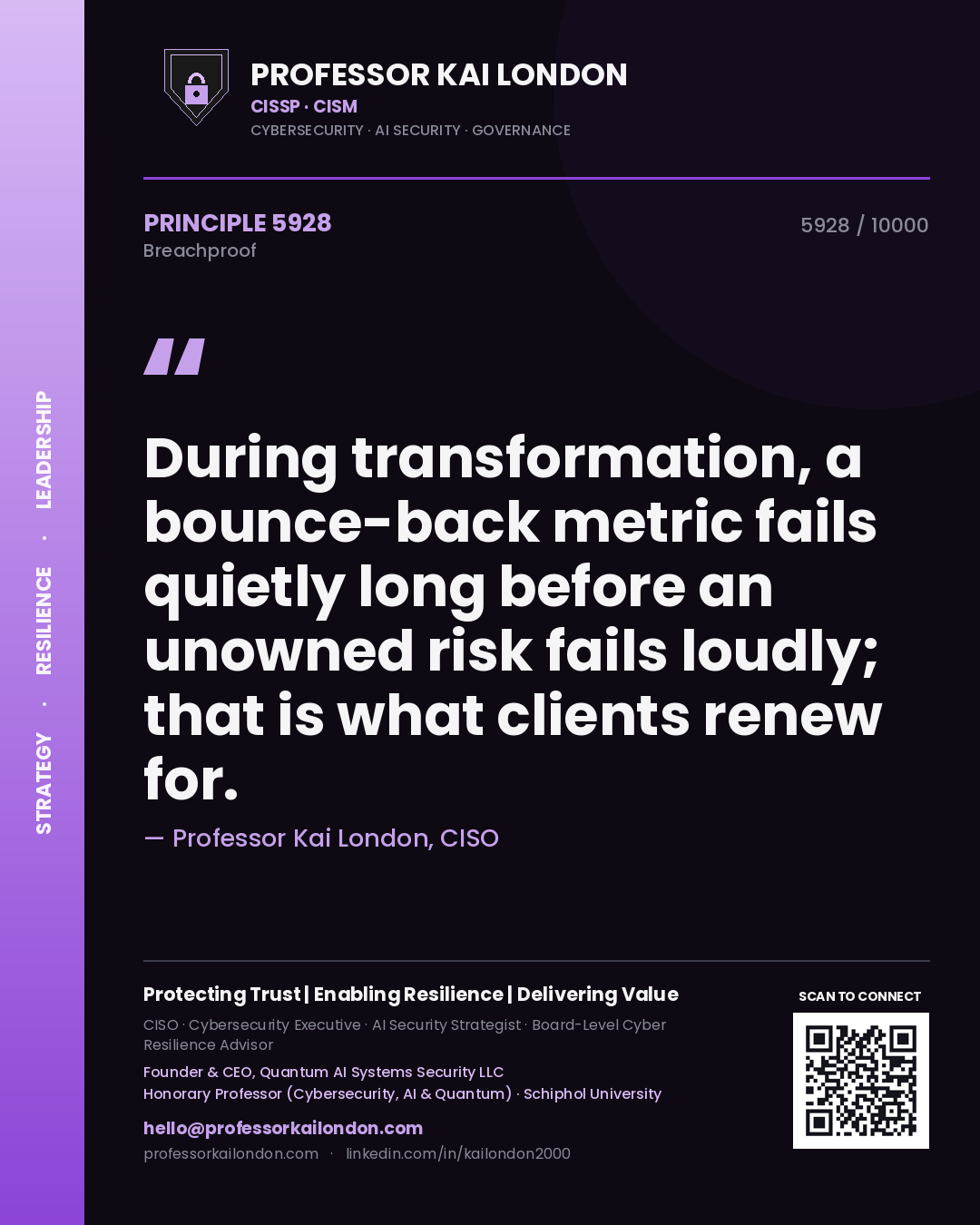 Quote card by Professor Kai London reading 'During transformation, a bounce-back metric fails quietly long before an unowned risk fails loudly; that is what clients renew for.'. From the book Breachproof.