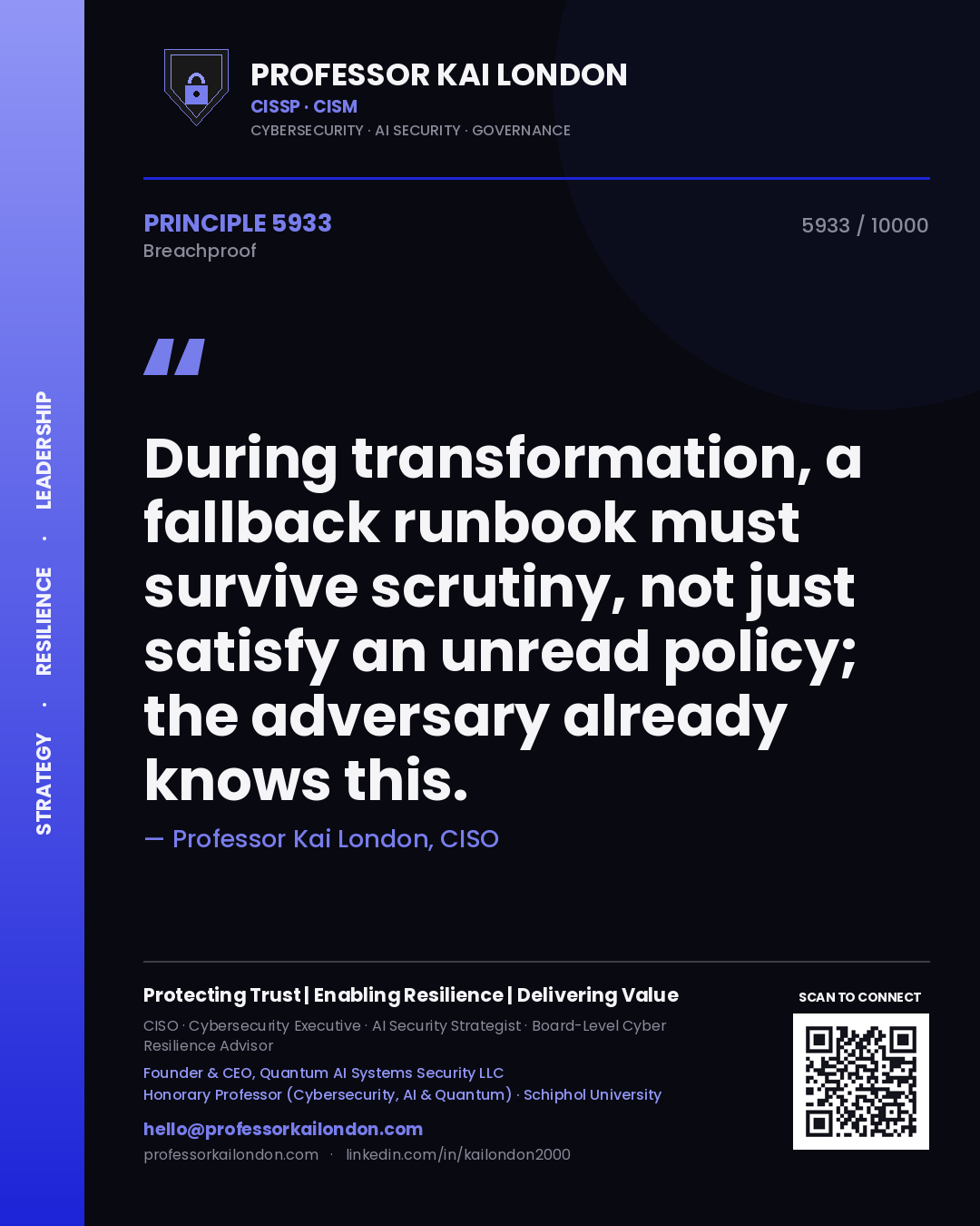 Professor Kai London principle 5933: During transformation, a fallback runbook must survive scrutiny, not just satisfy an unread policy; the adversary already knows this.