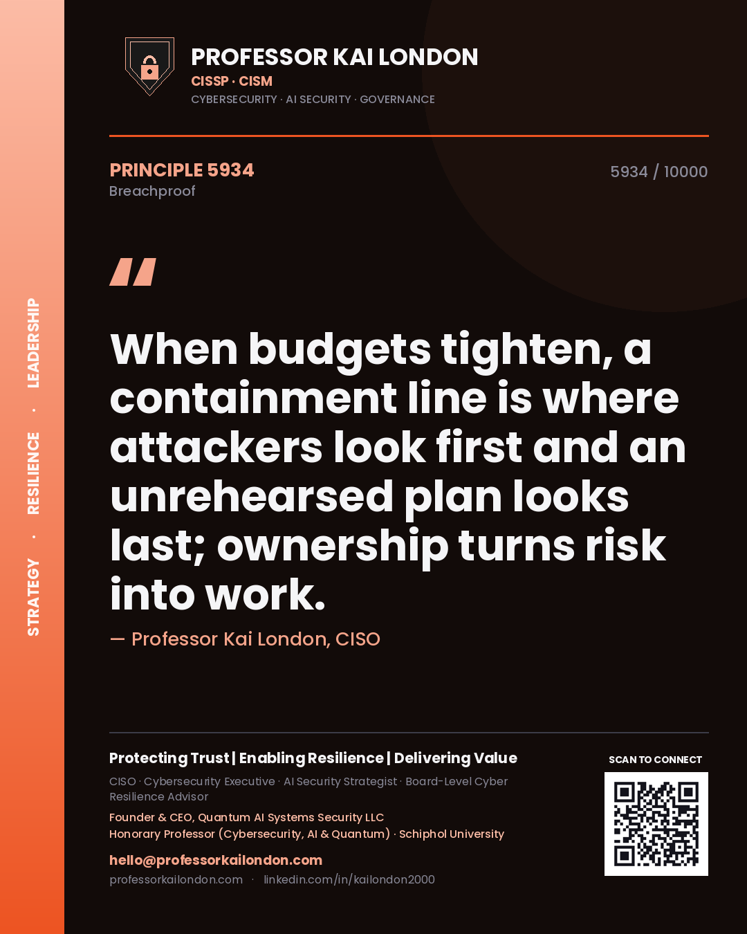 Quote card by Professor Kai London reading 'When budgets tighten, a containment line is where attackers look first and an unrehearsed plan looks last; ownership turns risk into work.'. From the book Breachproof.