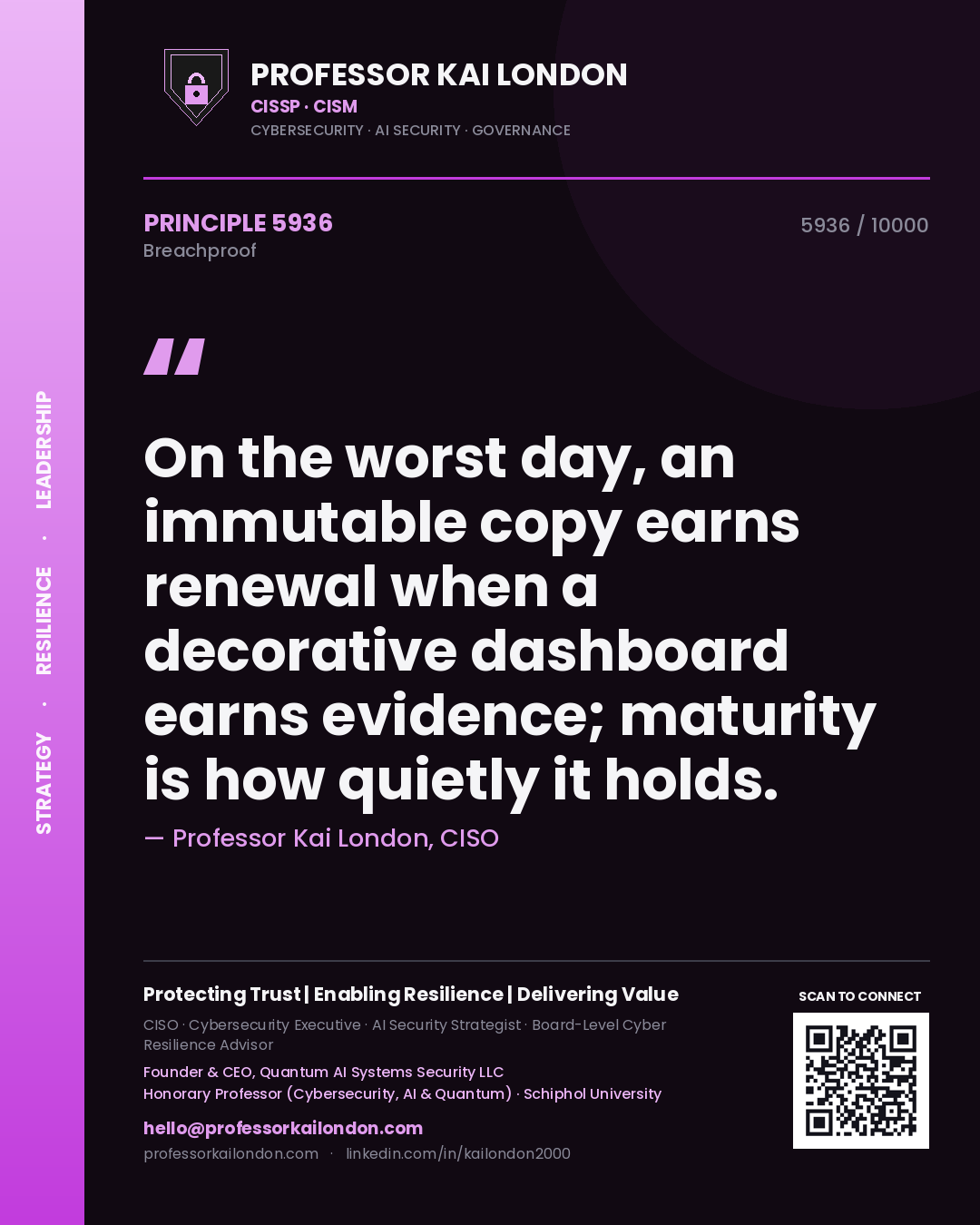 Quote card by Professor Kai London reading 'On the worst day, an immutable copy earns renewal when a decorative dashboard earns evidence; maturity is how quietly it holds.'. From the book Breachproof.