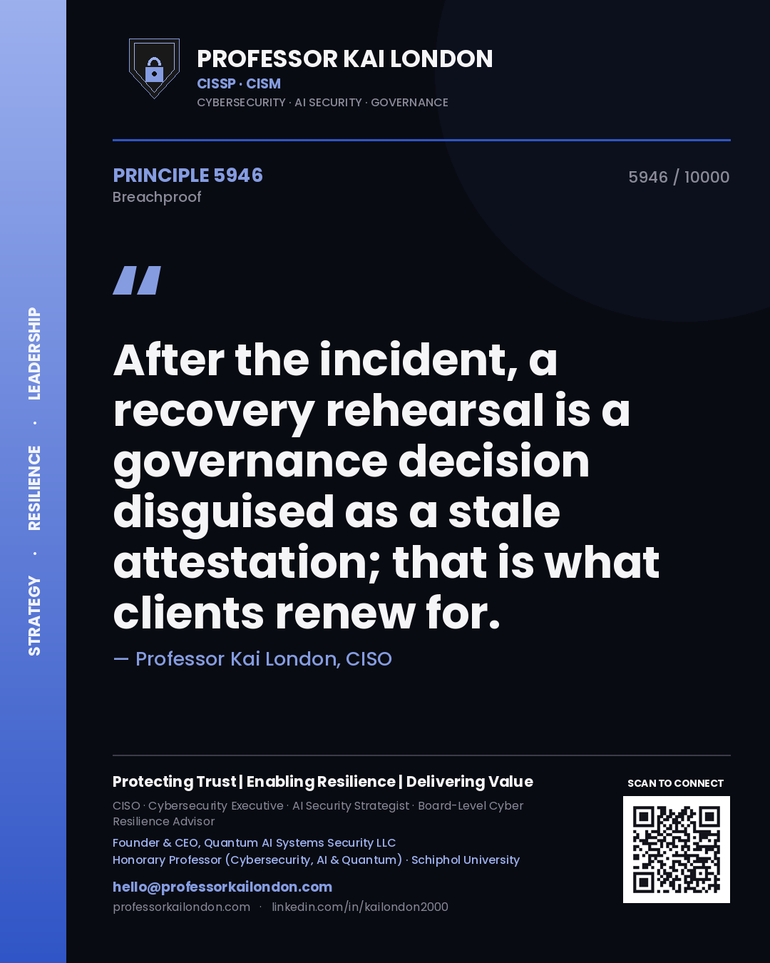 Quote card by Professor Kai London reading 'After the incident, a recovery rehearsal is a governance decision disguised as a stale attestation; that is what clients renew for.'. From the book Breachproof.