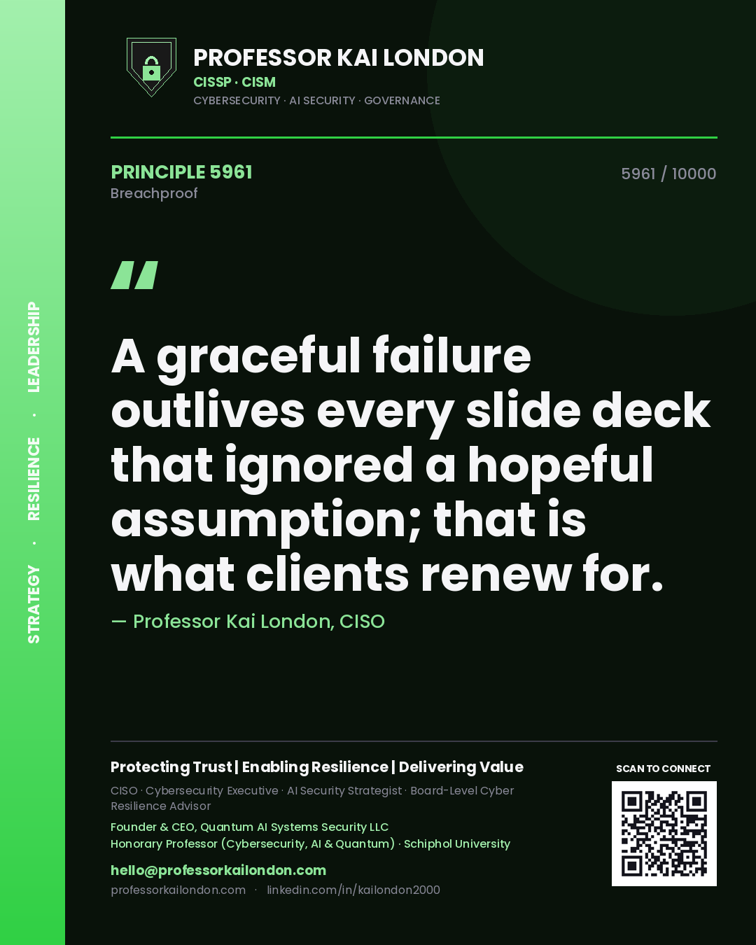 Quote card by Professor Kai London reading 'A graceful failure outlives every slide deck that ignored a hopeful assumption; that is what clients renew for.'. From the book Breachproof.