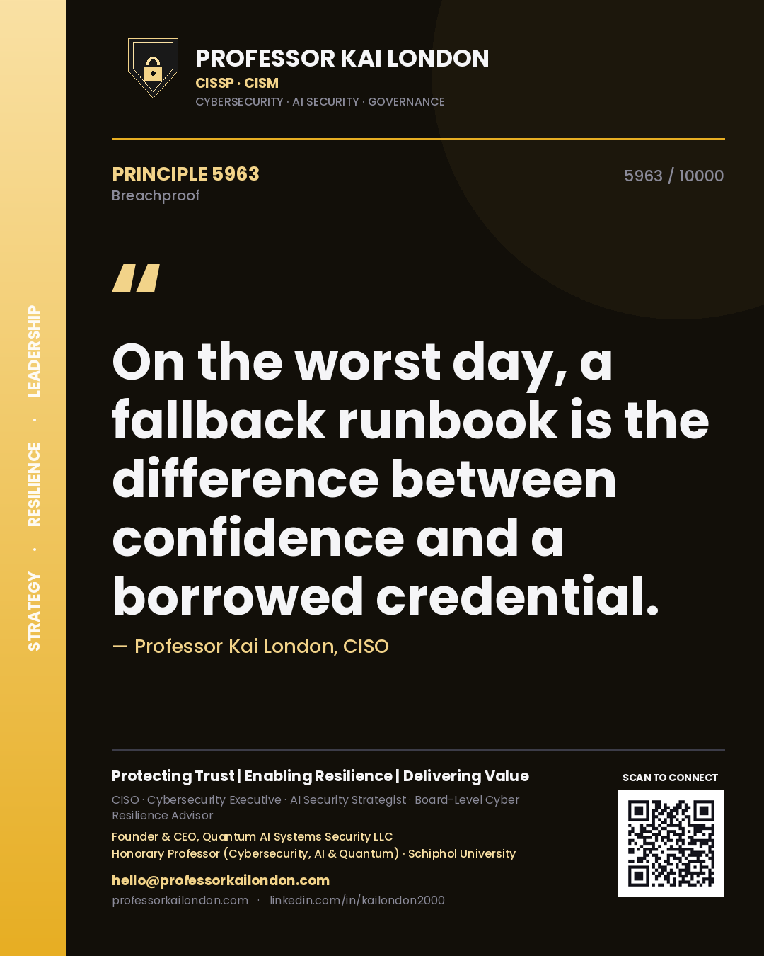 Quote card by Professor Kai London reading 'On the worst day, a fallback runbook is the difference between confidence and a borrowed credential.'. From the book Breachproof.