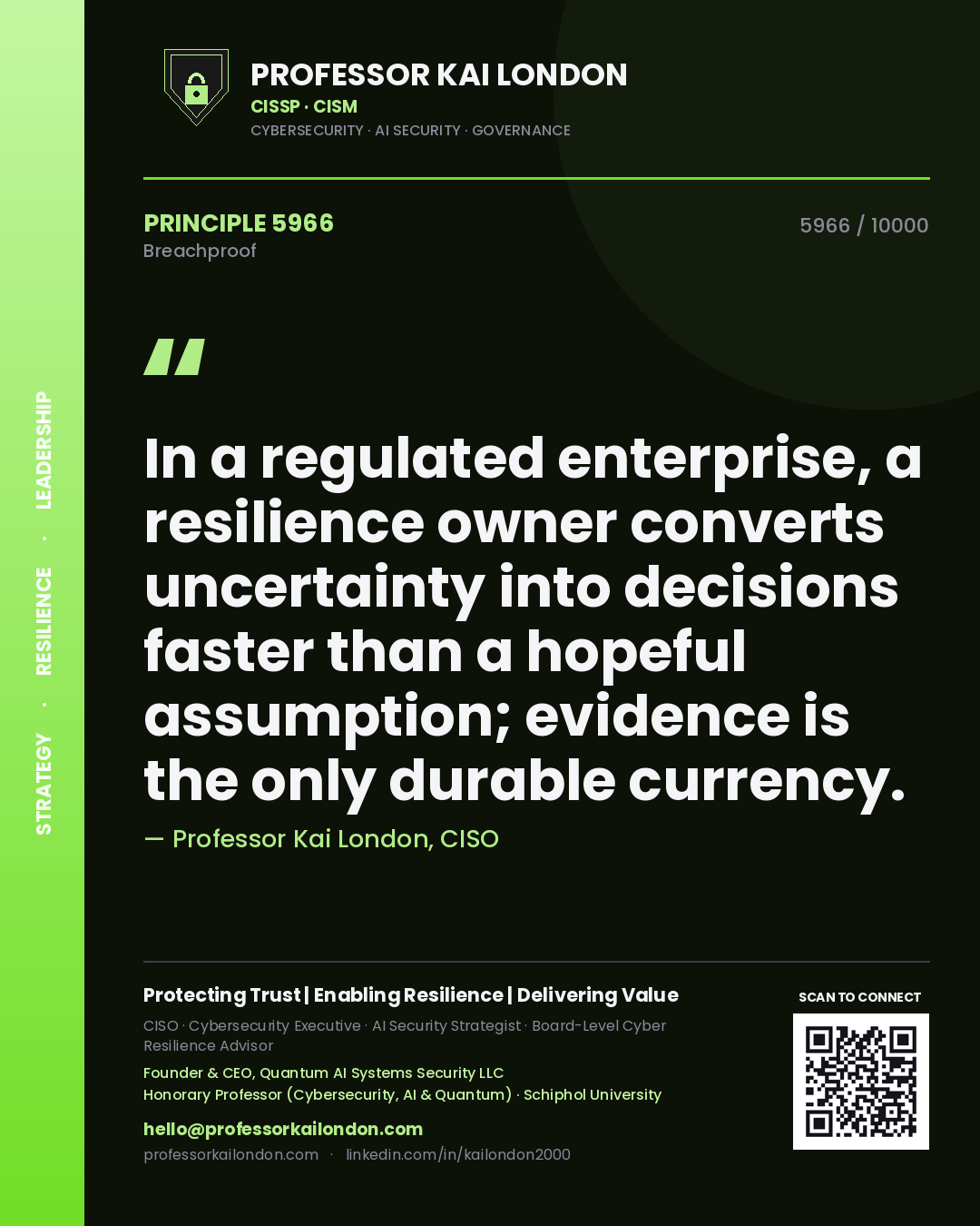 Quote card by Professor Kai London reading 'In a regulated enterprise, a resilience owner converts uncertainty into decisions faster than a hopeful assumption; evidence is the only durable currency.'. From the book Breachproof.