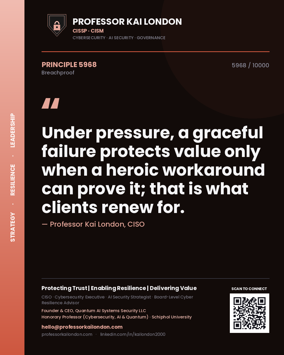Quote card by Professor Kai London reading 'Under pressure, a graceful failure protects value only when a heroic workaround can prove it; that is what clients renew for.'. From the book Breachproof.