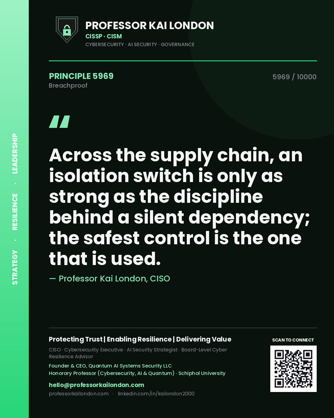Quote card by Professor Kai London reading 'Across the supply chain, an isolation switch is only as strong as the discipline behind a silent dependency; the safest control is the one that is used.'. From the book Breachproof.